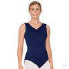 Front view of an adult dancer wearing a royal blue tank leotard with princess seams.