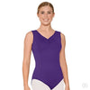 Front view of an adult dancer wearing a purple tank leotard with princess seam design.