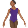 Child dancer wearing a purple tank leotard with princess seams, front view.