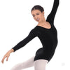 Adult dancer wearing a black long sleeve leotard with scoop neckline, arms extended.