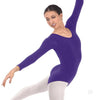 Adult dancer wearing a purple long sleeve leotard performing a ballet movement.