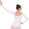 Adult dancer wearing a white long sleeve leotard with scoop neckline and fitted sleeves.