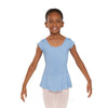 Young dancer wearing a light blue cap sleeve microfiber dance dress with attached skirt