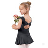 Girl wearing a black cap sleeve dance dress with bow back detail and attached skirt