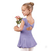Girl wearing a lilac bow back dance dress with cap sleeves and attached skirt holding flowers