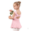 Young dancer wearing a pink cap sleeve dance dress with bow back and attached skirt holding flowers