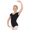 Girl wearing black cap sleeve dance leotard posing with arm raised