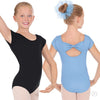 Black and blue cap sleeve girls dance leotard with bow back detail