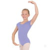 Girl wearing lilac cap sleeve leotard with bow back