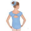 Girl wearing light blue cap sleeve leotard back view