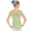 Girl wearing sea foam green cap sleeve leotard with bow back