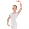 Girl wearing white cap sleeve leotard front view
