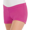 Fuchsia microfiber girls booty shorts with flat elastic waistband, side view.