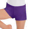 Purple microfiber girls booty shorts with flat elastic waistband, side view.
