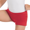 Red microfiber girls booty shorts with flat elastic waistband, side view.