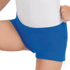 Royal blue microfiber girls booty shorts with flat elastic waistband, side view.