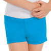 Turquoise microfiber girls booty shorts with flat elastic waistband, side view.