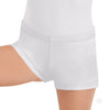 White microfiber girls booty shorts with flat elastic waistband, side view.