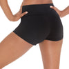 Back view of women's black dance shorts with flat waistband