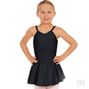 Child dancer wearing a black camisole dance dress with attached skirt, hands on hips.