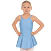 Child dancer wearing a light blue camisole dance dress with attached skirt, front view.