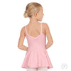 Child dancer wearing a pink camisole dance dress with attached skirt, front view.