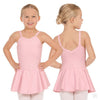 Front and back view of a child wearing a pink camisole dance dress with attached skirt.