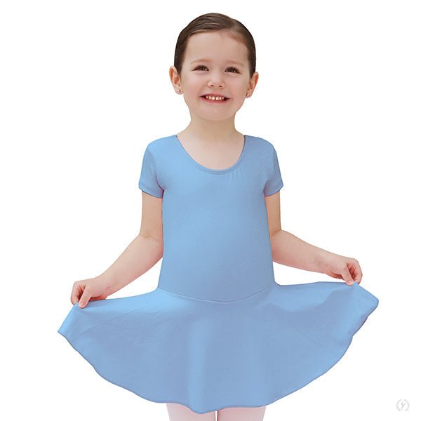 Young dancer wearing a light blue short sleeve dance dress with attached skirt seated in a ballet pose.
