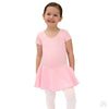 Young dancer wearing a pink short sleeve microfiber dance dress standing with arms relaxed.