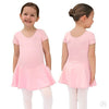 Front and back view of a young dancer wearing a pink short sleeve dance dress with attached skirt.