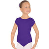 Purple child short sleeve dance leotard worn by a dancer facing forward