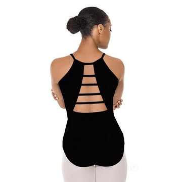 Back view of black microfiber dance leotard with ladder back detail.