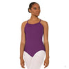 Adult dancer wearing eggplant microfiber camisole leotard with scoop neckline.