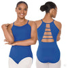 Front and back views of royal blue microfiber camisole leotard on adult dancer.