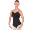 Black adult camisole leotard with pinch-front neckline worn by dancer
