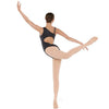 Adult dancer wearing black asymmetrical leotard performing a high leg extension.