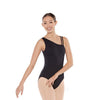Black asymmetrical microfiber dance leotard on adult dancer, front view.