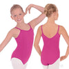 Girls fuchsia camisole leotard shown with straps worn straight and crossback