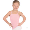 Girls pink camisole leotard with adjustable straps, front view