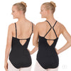 Black camisole leotard with adjustable straps shown from back and back detail views