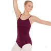 Burgundy camisole leotard with crisscross back straps on model