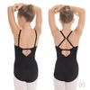 Back view of black camisole leotard with adjustable multi-way straps