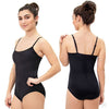 Dancer wearing a black camisole leotard with adjustable straps