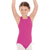 Girls fuchsia microfiber leotard with high neckline shown from the front