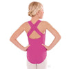 Back view of a girls fuchsia leotard featuring a lattice-style strappy back design