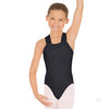 Front view of girls black halter leotard with modest neckline