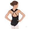 Back view of girls black halter leotard showing cross-back strap design