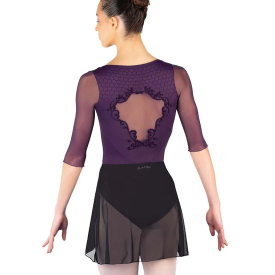 Back view of adult high-low mesh dance skirt showing sheer fabric and hemline