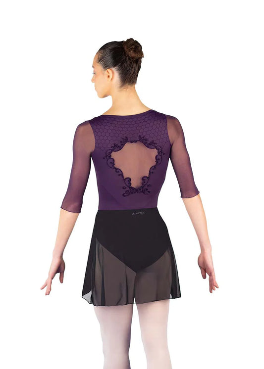 Back view of adult high-low mesh dance skirt showing sheer fabric and hemline