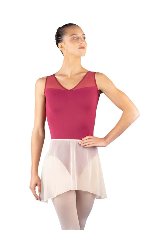 Adult high-low mesh dance skirt worn over leotard, front view on model